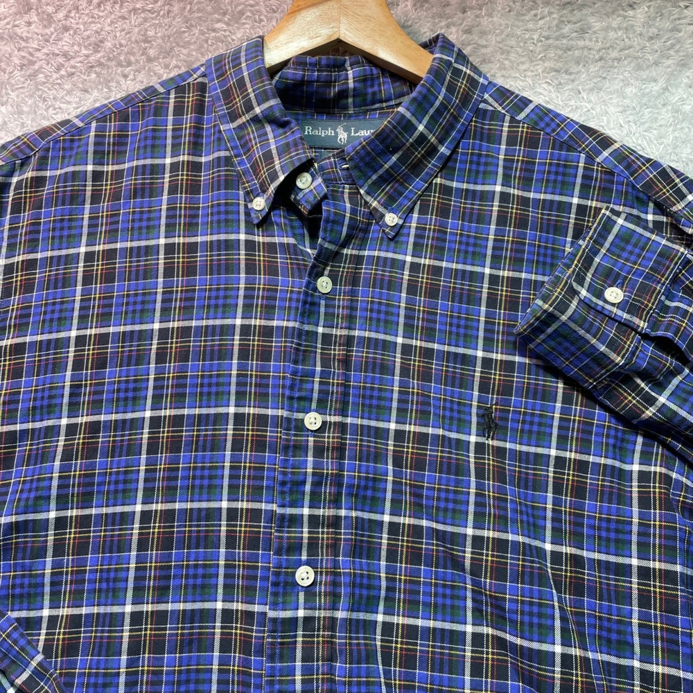 Ralph Lauren Mens XL Custom Fit Plaid Button Down Shirt Blue Green Long Sleeve